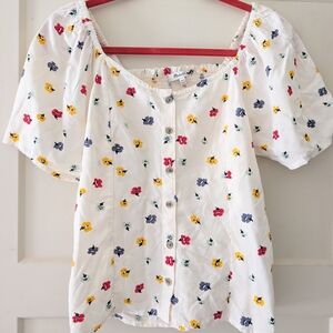 Madewell White Floral Button-Front Peasant Top